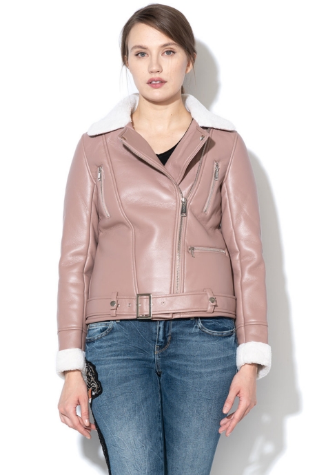 GUESS JEANS Jacheta biker de piele ecologica cu captuseala din blana shearling sintetica