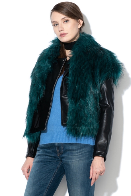 GUESS JEANS Set de jacheta biker de piele ecologica si vesta din blana sintetica