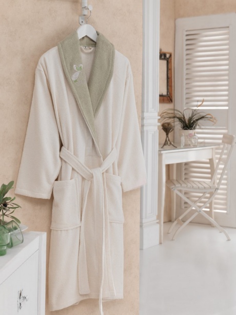 Halat de baie bumbac 100% ,Cotton Box, marime S:M , Ecru-Verde , cod Daily - Ecru, Green