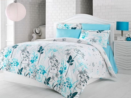 Lenjerie de pat dublu bumbac 100% ranforce, 6 piese, Nazenin Home, Blue Garden