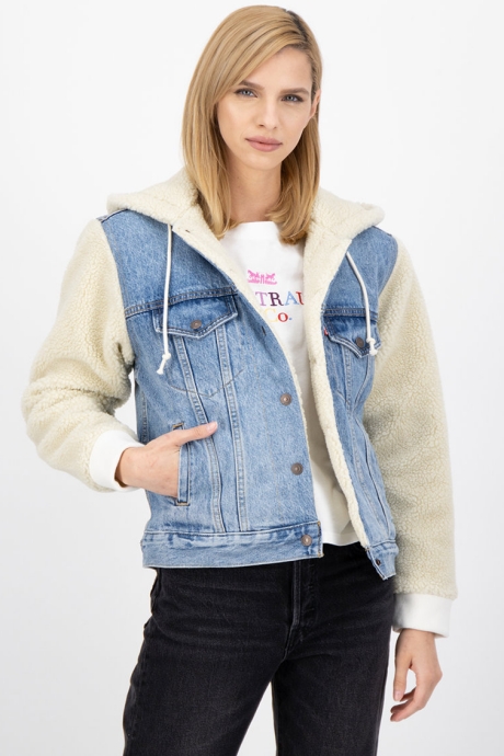 Levi's Jacheta din denim si blana shearling sintetica, cu gluga