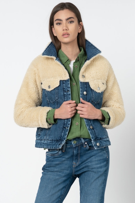 Pepe Jeans London Jacheta din denim si blana shearling sintetica Coco