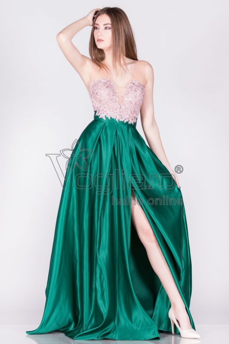 ROCHIE DE OCAZIE VERDE CU BUST DIN BRODERIE GRI