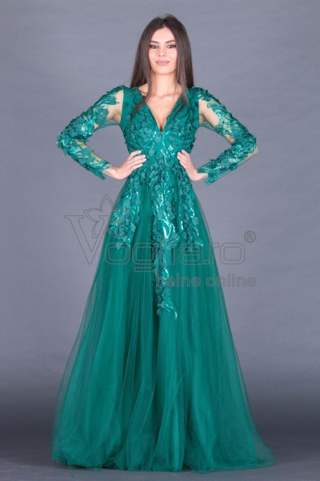 ROCHIE VERDE LUNGA CU FLORI APLICATE ELIS