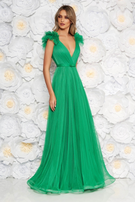 Rochie Ana Radu verde-deschis de lux cu decolteu adanc din tul captusita pe interior cu bust buretat