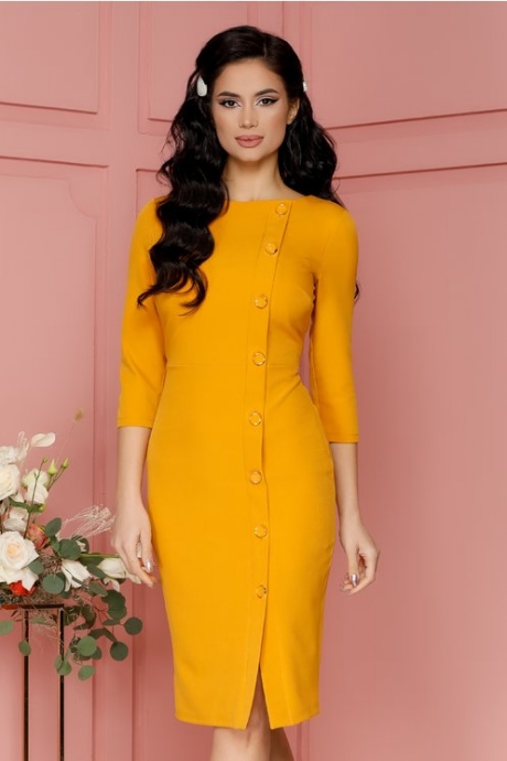 Rochie Anda galben mustar cu nasturi tip sacou