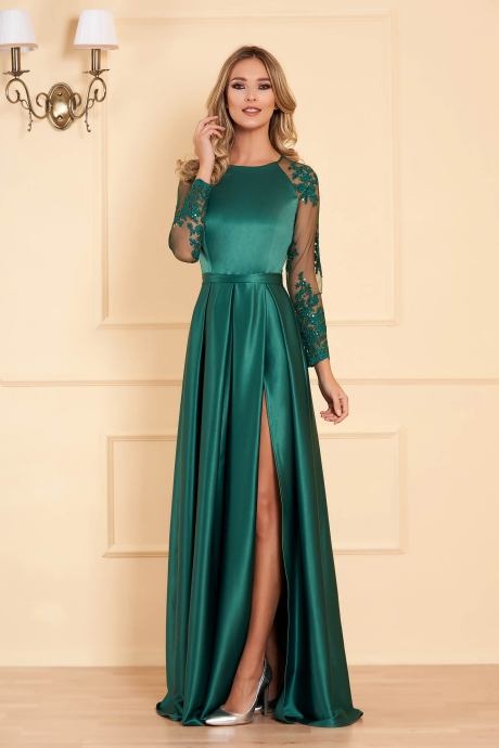 Rochie Artista verde de ocazie croi in clos din material satinat cu maneci din dantela