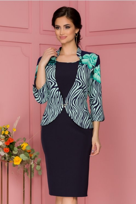 Rochie Dalia bleumarin cu imprimeu exotic verde