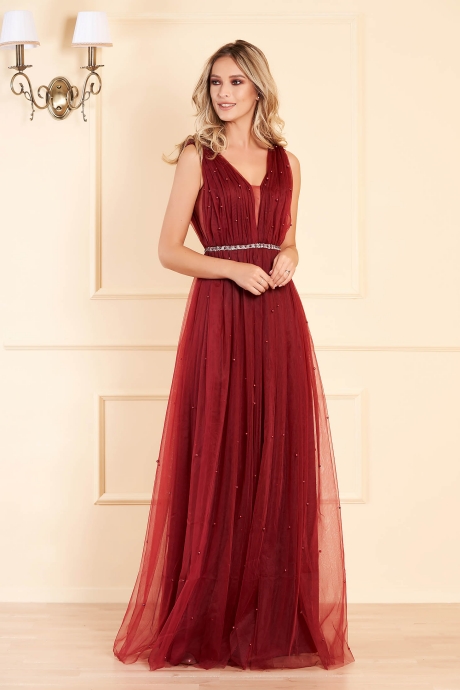 Rochie LaDonna visinie lunga de ocazie in clos din tul cu aplicatii cu perle cu bust buretat fara maneci