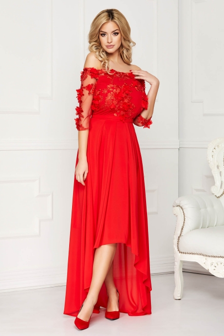 Rochie StarShinerS rosie de ocazie asimetrica din muszlin si dantela in clos accesorizata cu cordon