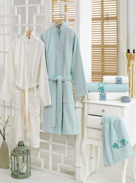 Set matrimonial 2 halate baie +4 prosoape, Mint:Crem
