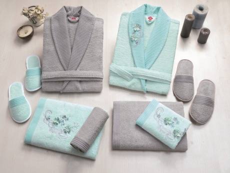 Set matrimonial bambus si bumbac, Cotton Box, Gri:Mint