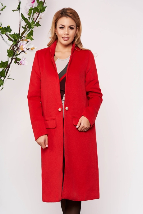 Trench SunShine rosu elegant lung din lana cu un croi drept cu buzunare false captusit pe interior