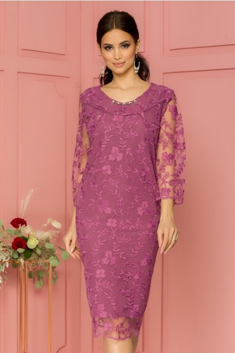 Rochie Corina lila cu dantela brodata