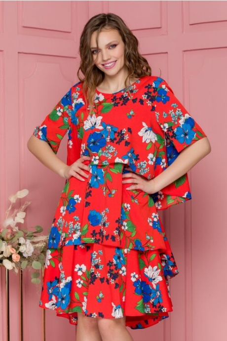 Rochie Fabi vaporoasa corai cu imprimeuri florale