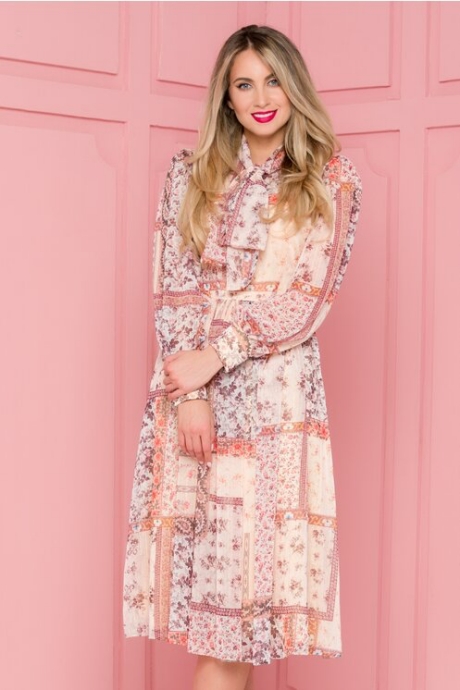 Rochie LaDonna bej cu imprimeuri diverse si insertii din fir auriu