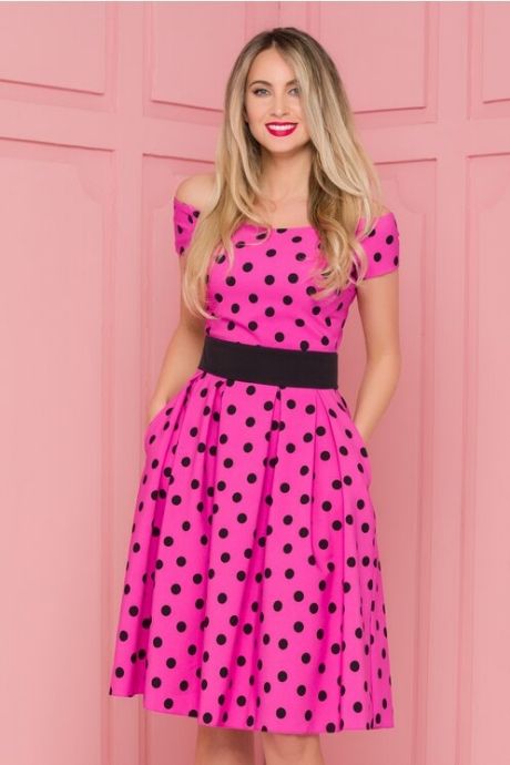 Rochie LaDonna fucsia imprimata cu buline negre