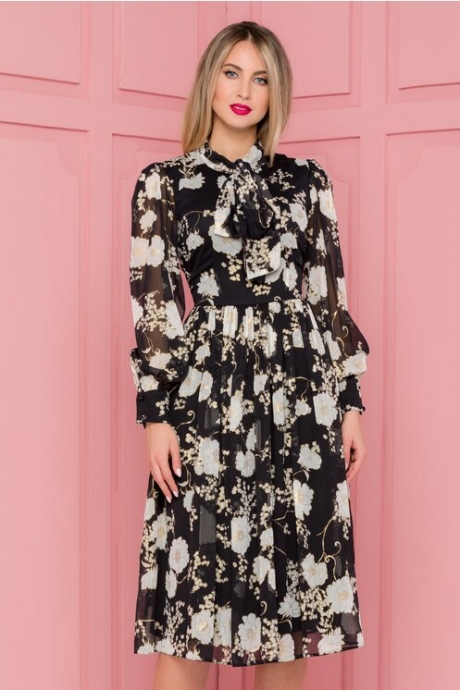 Rochie LaDonna neagra cu imprimeuri florale si detalii aurii
