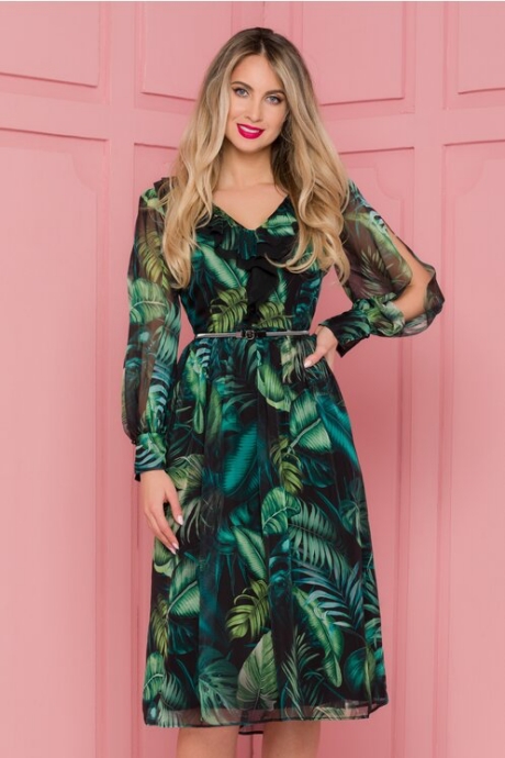 Rochie Leonard Collection neagra cu imprimeu exotic verde