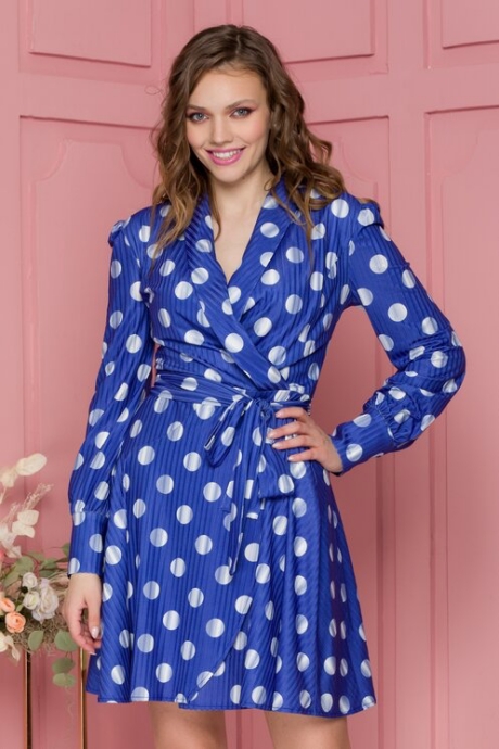 Rochie Samira albastra cu buline si design petrecut