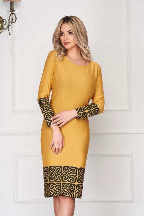 Rochie StarShinerS galbena office midi tip creion din material usor elastic cu maneci lungi