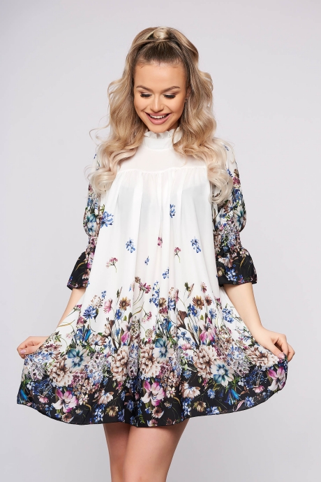 Rochie SunShine alba casual scurta din voal pe gat cu maneci scurte