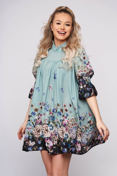 Rochie SunShine verde-deschis casual scurta din voal pe gat cu maneci scurte