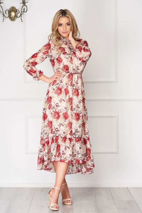 Rochie crem asimetrica eleganta din voal cu imprimeuri florale cu elastic in talie