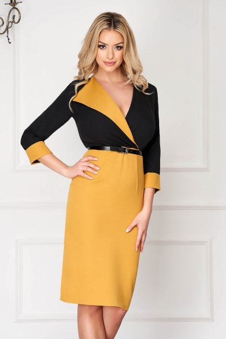 Rochie mustarie office midi tip creion cu decolteu in v si accesoriu inclus