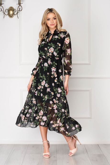 Rochie neagra asimetrica eleganta din voal cu imprimeuri florale cu elastic in talie