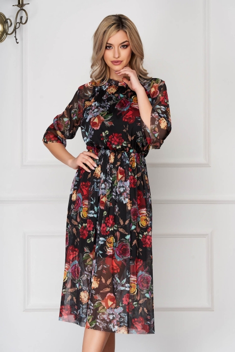 Rochie neagra midi de zi in clos din voal cu imprimeu floral