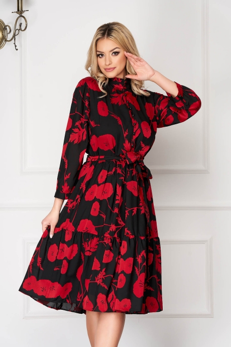 Rochie rosie eleganta in clos scurta cu imprimeuri florale accesorizata cu cordon cu maneci prinse in elastic