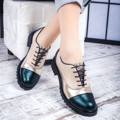 Pantofi dama casual Piele bej cu verde Vanderia