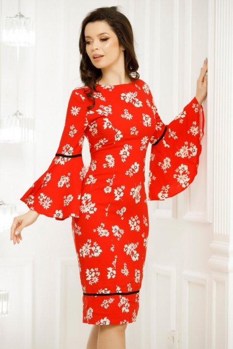 Rochie Adria Portocalie Cu Imprimeu Floral Si Maneci Clopot