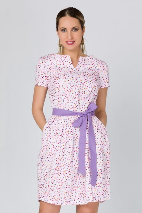 Rochie Daria alba cu buline si cordon lila in talie