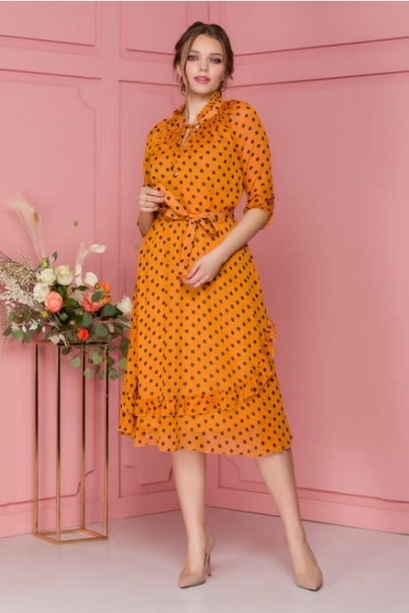 Rochie Deborah orange cu buline bleumarin