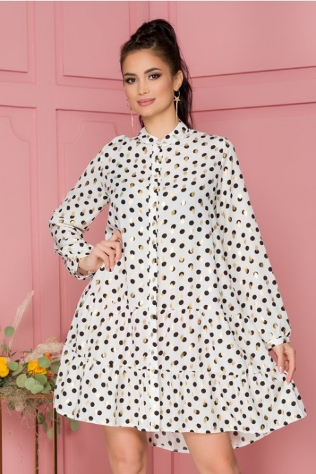 Rochie Delia alba tip camasa cu buline negre si detalii aurii