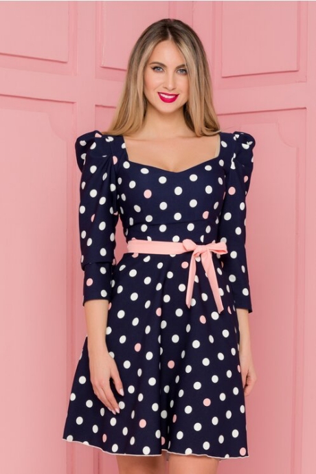 Rochie Fofy bleumarin cu buline albe si roz