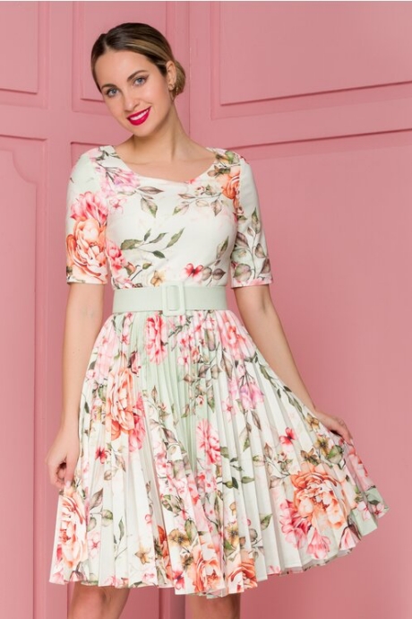 Rochie Ivonne vernil cu fusta plisata si imprimeu floral