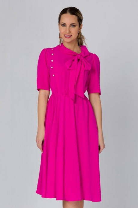 Rochie LaDonna fucsia cu nasturi si funda la guler