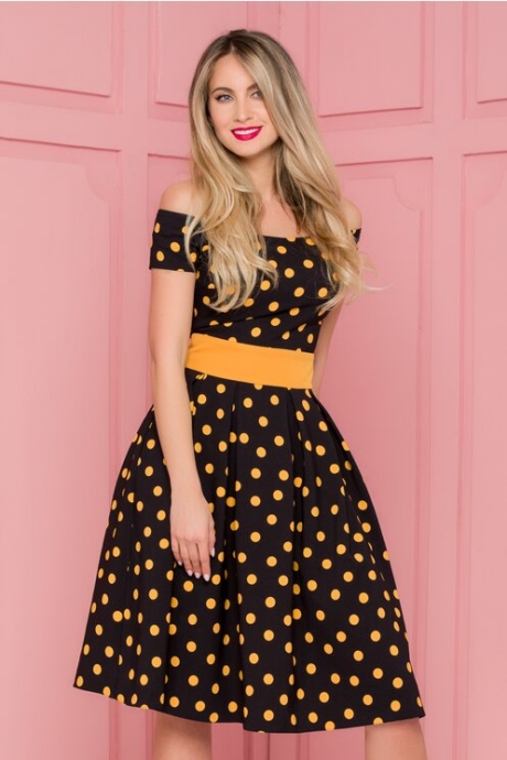 Rochie LaDonna neagra imprimata cu buline galben mustar