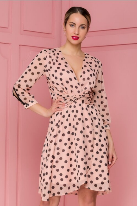 Rochie Moze roz din voal cu buline di funda in talie