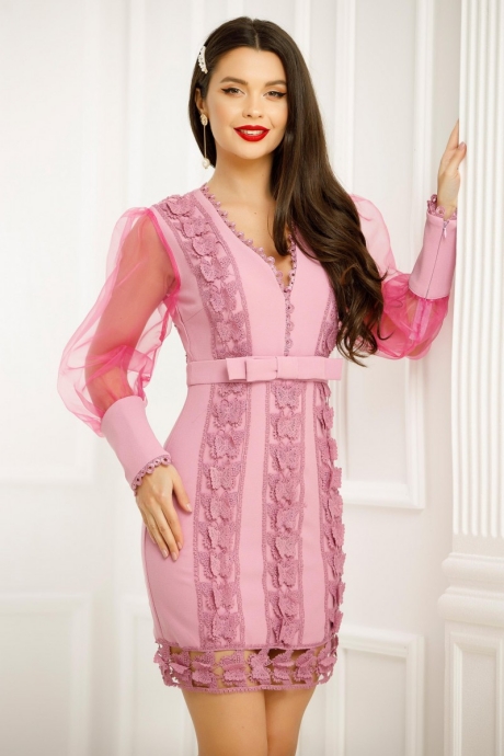Rochie Nefertiti Lila Cu Fluturi 3D Din Dantela Macrame Si Maneci Bufante