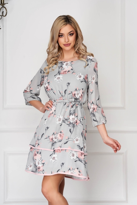 Rochie gri scurta de zi in clos din material subtire cu imprimeuri florale