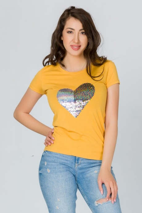 Tricou Heart galben mustar cu paiete reversibile multicolore