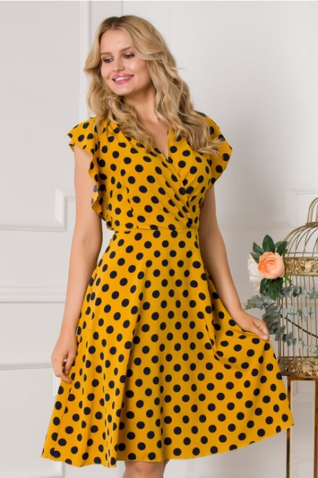 Rochie Juliette galben mustar cu buline bleumarin