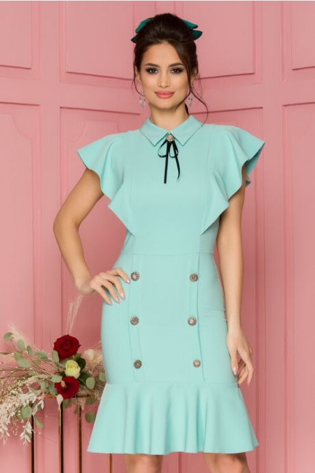 Rochie LaDonna verde pal cu nasturi si baza evazata tip volan