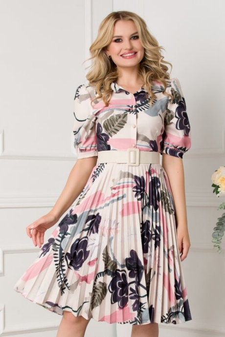 Rochie Larissa ivoire cu imprimeu floral si fusta plisata