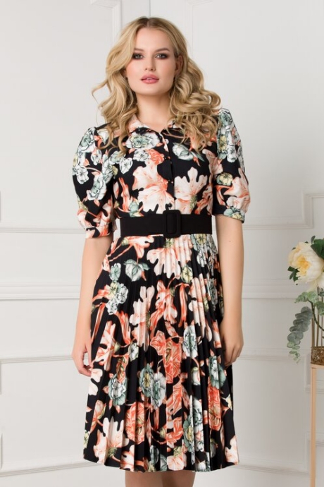 Rochie Larissa neagra cu imprimeu floral caramiziu si fusta plisata
