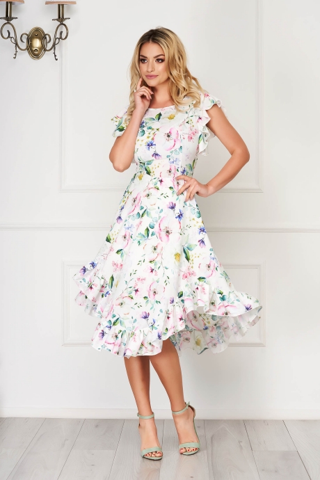 Rochie StarShinerS ivoire eleganta midi in clos din material matasos cu volanase